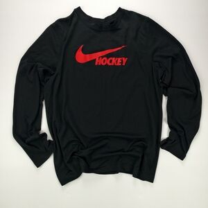 Nike Dri-FIT Hockey Long Sleeve Black Red Swoosh Tee Kids XL Women S Men XS